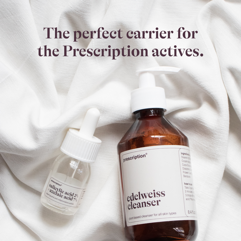 Prescription Skincare Edelweiss Cleanser in bruine pompfles, milde reiniger voor alle huidtypes