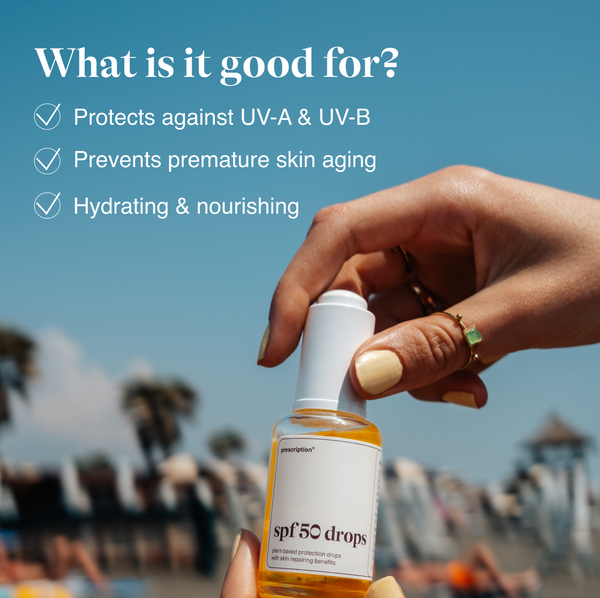 Prescription Skincare SPF 50 drops beschermt tegen UVA en UVB, voorkomt huidveroudering en hydrateert de huid