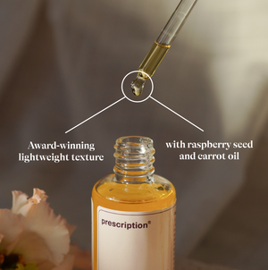 Lichte textuur van Prescription Skincare SPF 50 drops met frambozenpitolie en wortelolie